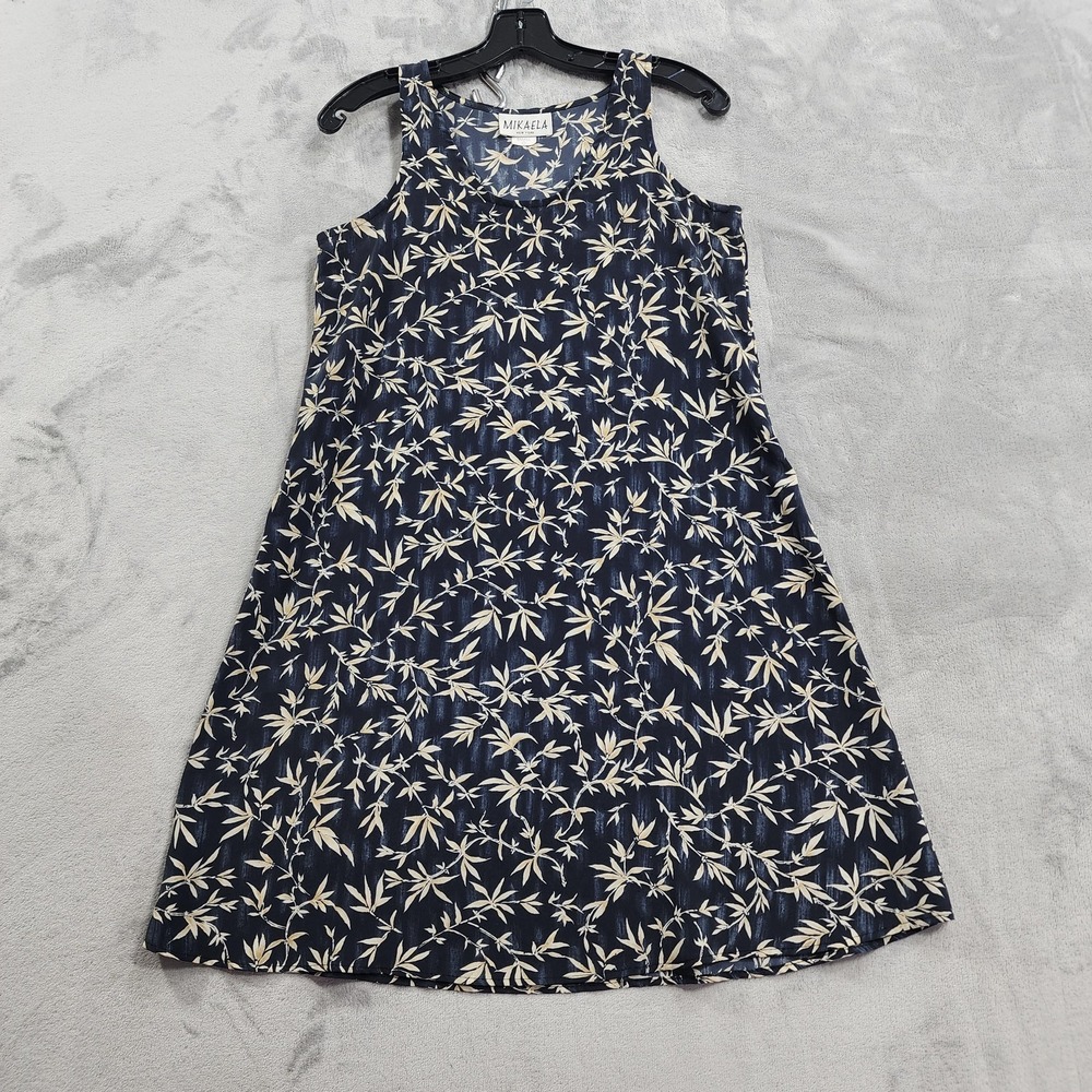 Vintage MIKAELA Dress Womens S Blue Tropical Leaf Sleeveless A-Line Sundress